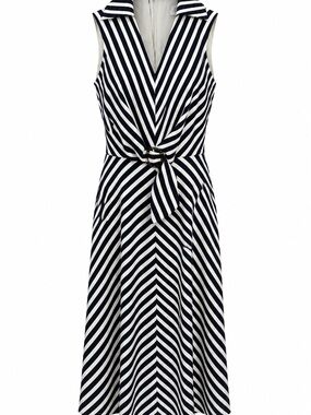 Joseph Ribkoff Navy and White Striped Sleeveless Midi Dress with Tie Belt